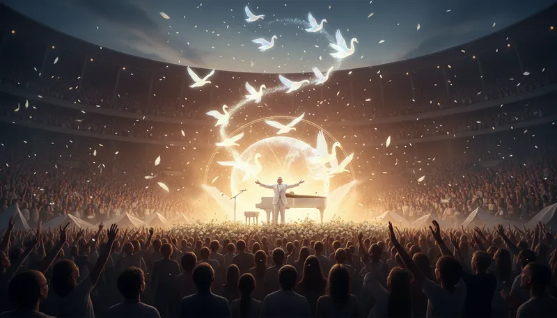 Illustration of swan song: Final performance or work.