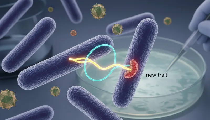 Illustration of transduction: genetic transfer between bacteria using viruses