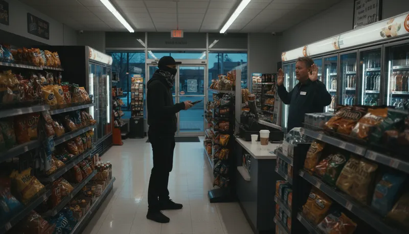 Illustration of stick up: To rob someone with force.
