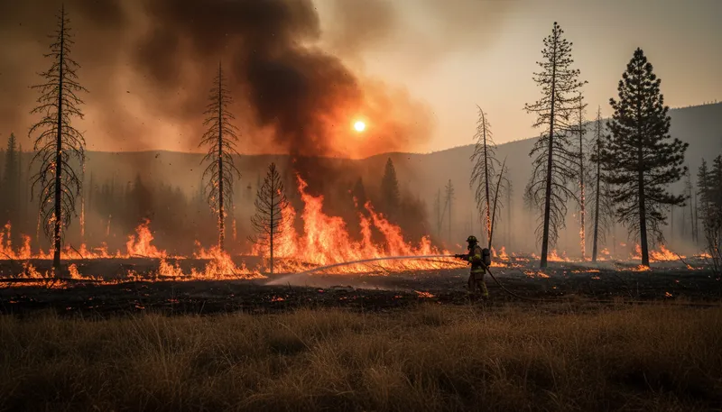 Illustration of wildfire: An uncontrolled fire in nature.