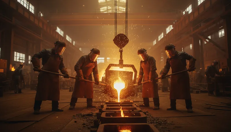 Illustration of foundry: A factory where metal is cast into shapes.