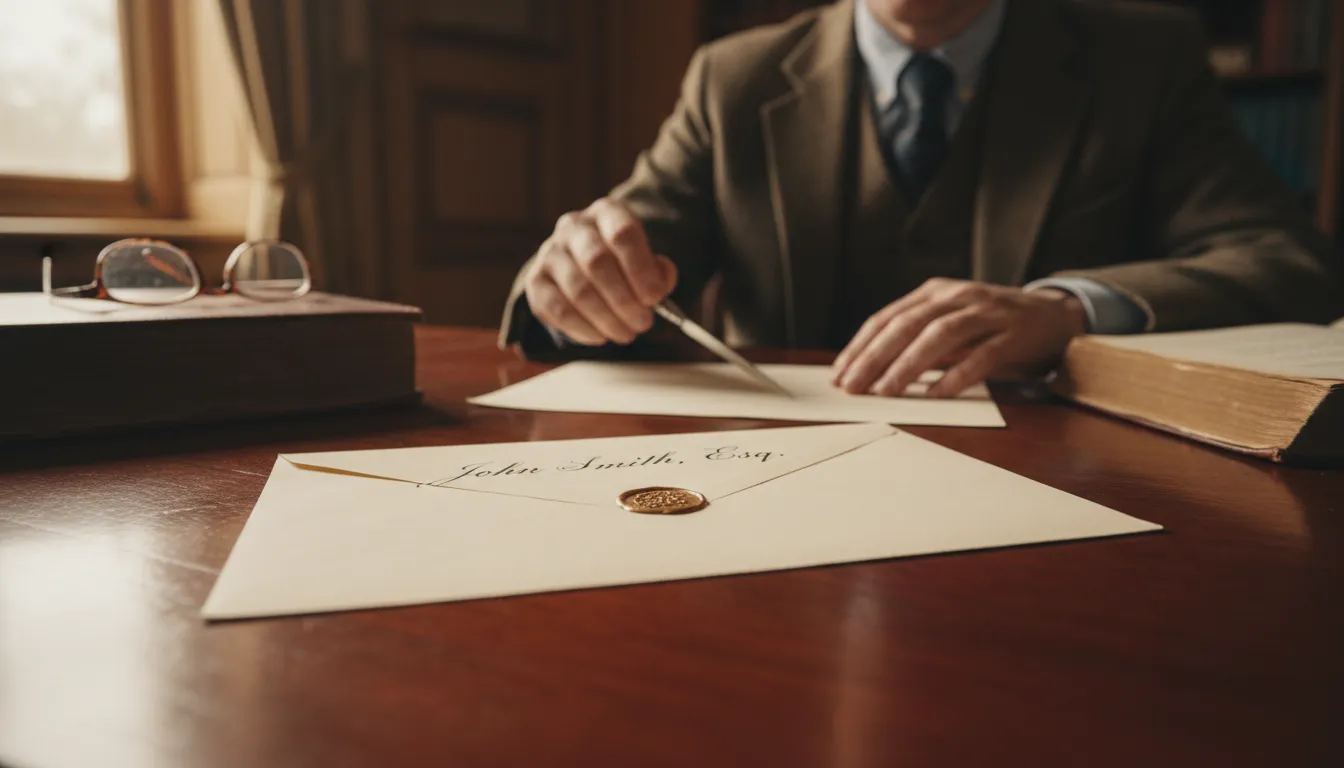 Illustration von Esq: An honorary title placed after a name.