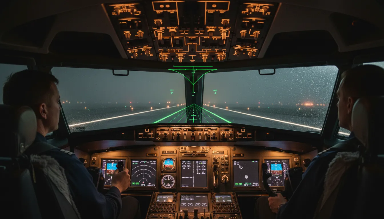 Illustration von ILS: A system that guides aircraft to land.