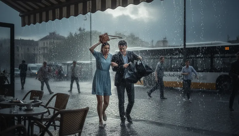 Illustration of the heavens open: rain begins suddenly and heavily.