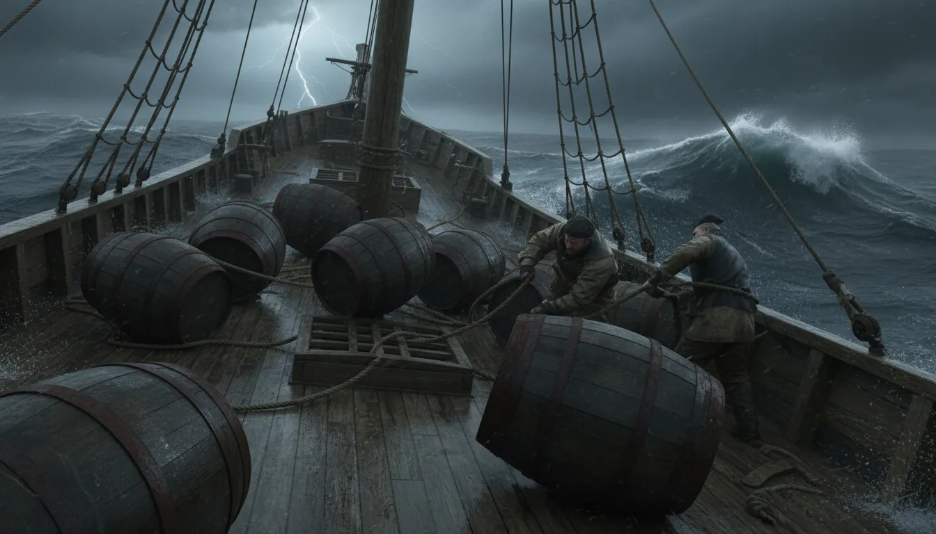 fetch way 的插圖：to break loose and move around on a ship
