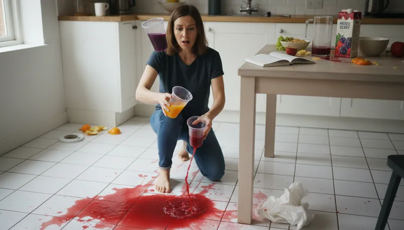 Illustration of spill juice: Accidentally pour out liquid, causing a mess.