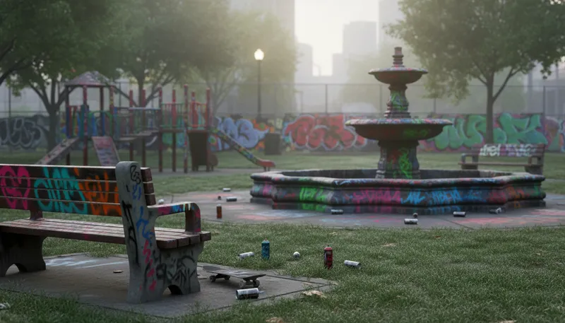 Illustration of vandalism: Deliberate destruction of property or artwork.