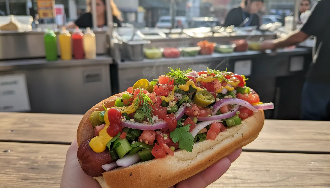 dragged through the garden 일러스트: Topped with many vegetable condiments.