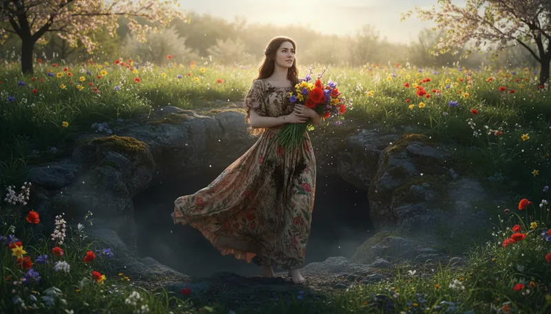 Illustration of persephone: A figure from Greek mythology associated with spring.