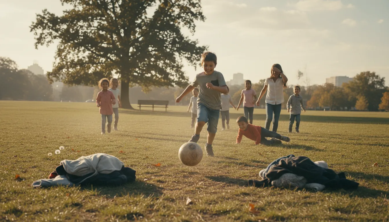 Ilustración de jumpers for goalposts: An informal game of soccer played in a park.