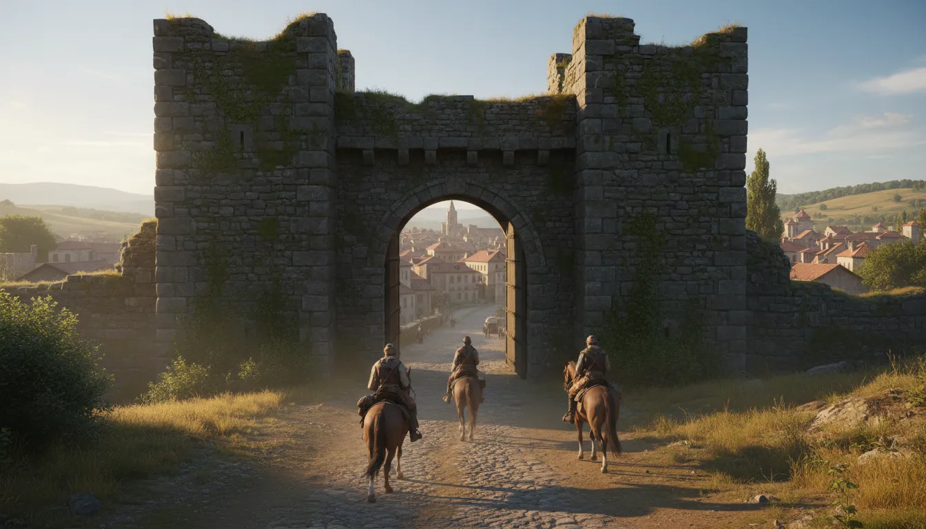 Illustration von westgate: a gate on the west side of a place.