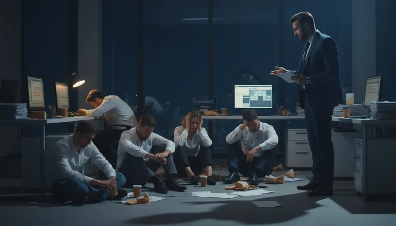 Illustration of work into the ground: to exhaust someone through excessive effort