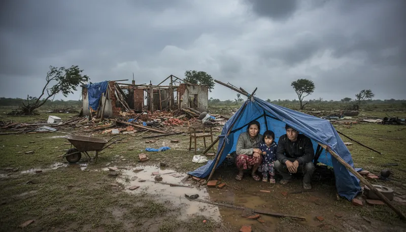 Illustration of out of house and home: without a place to live.