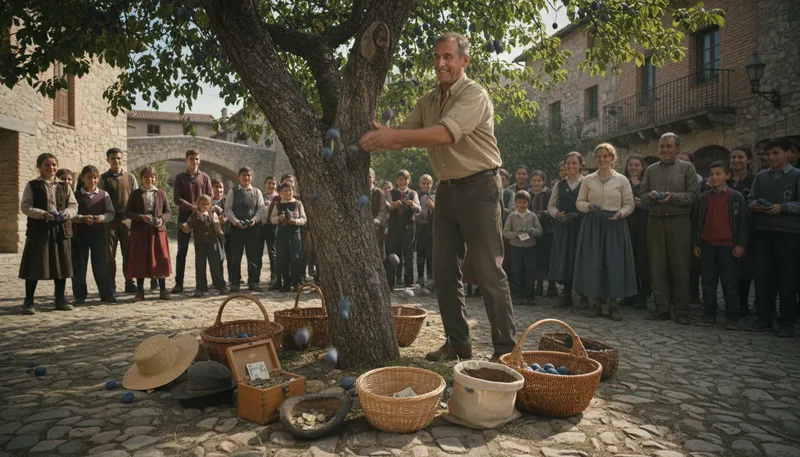 Illustration of shake the plum tree: Try to get something valuable.