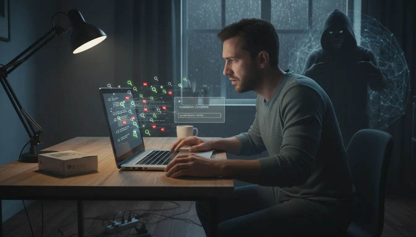 “spyware” kelimesinin çizimi: Software that secretly collects user information.
