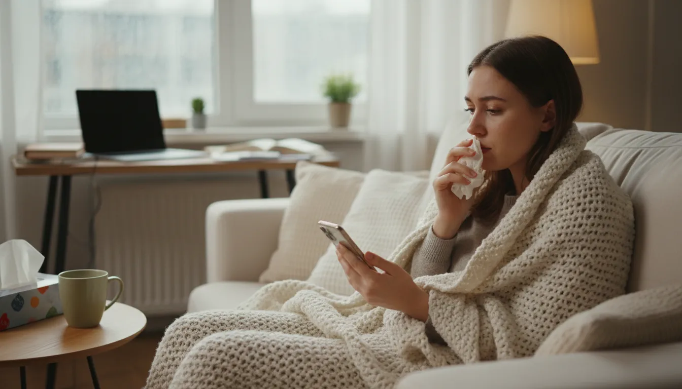 Illustration of come down with: To start to suffer from an illness, usually a minor one.