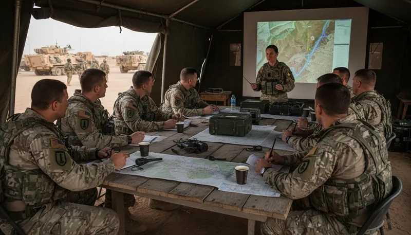 Illustration of briefing: a military update or meeting