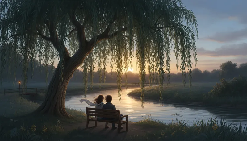 Illustration of willow: A tree known for its long, flexible branches.