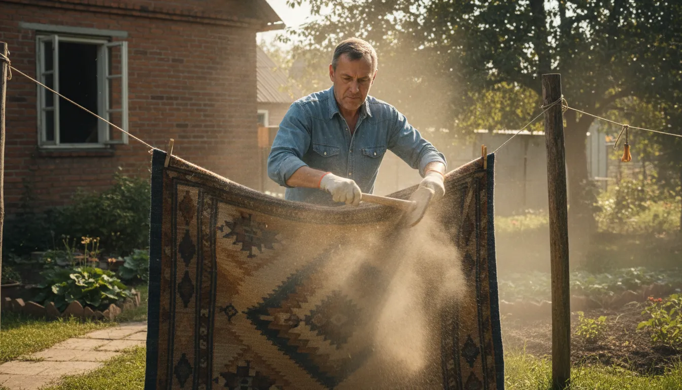 Illustrazione di beat the dust: To hit a rug to remove dirt from it.