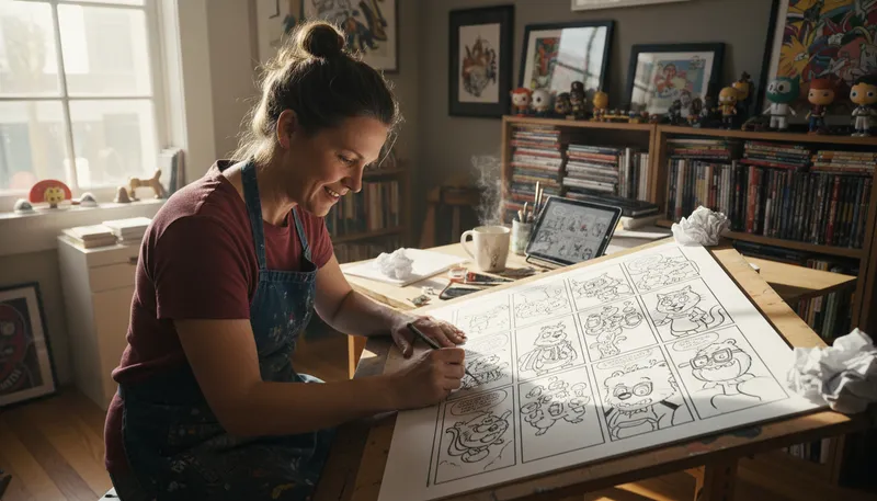 Illustration of cartoonist: An artist who creates cartoons or comic strips.