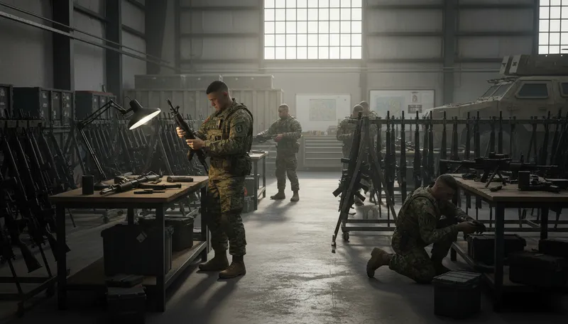 Illustration of armory: A place for storing weapons and military equipment.