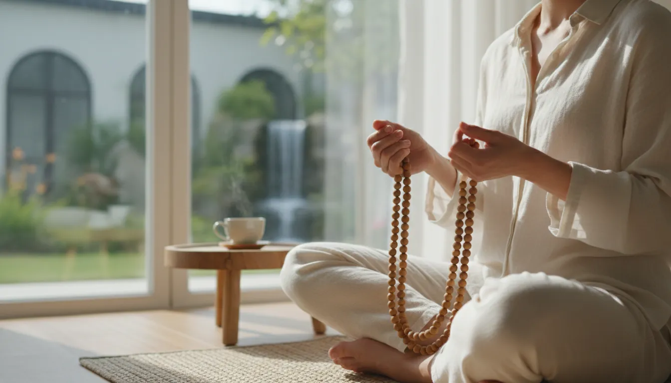 Ilustración de mala: A string of beads used in prayer.