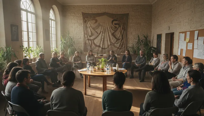 Illustration of synod: A council of church leaders for discussion.