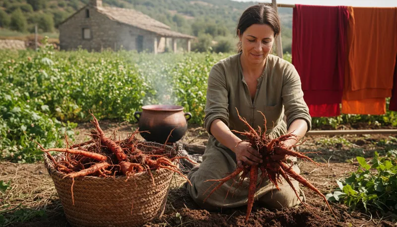 Illustration of madder: A plant used to produce red dye and medicine.