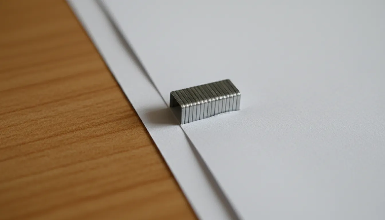 stapleのイラスト：A U-shaped wire pushed through papers to fasten them.