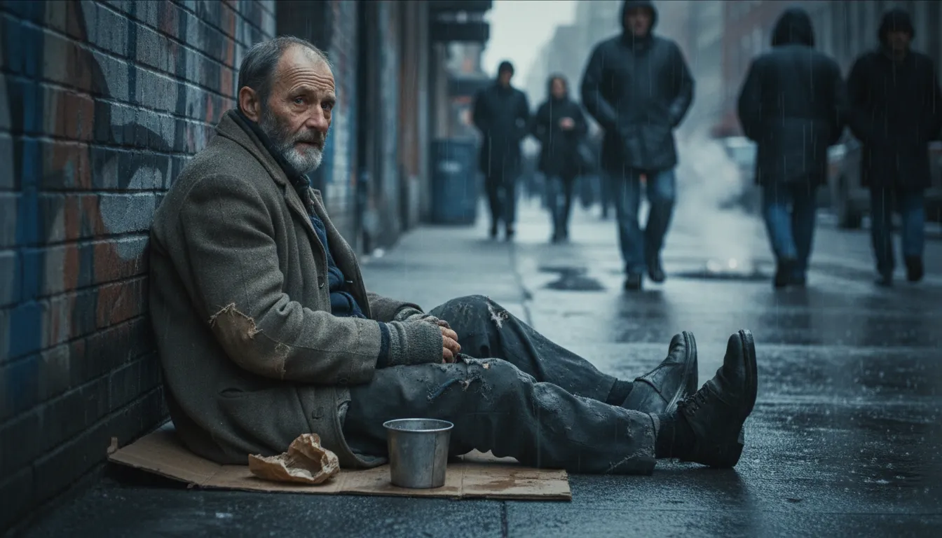 Illustration von down on one's uppers: In a state of financial hardship.