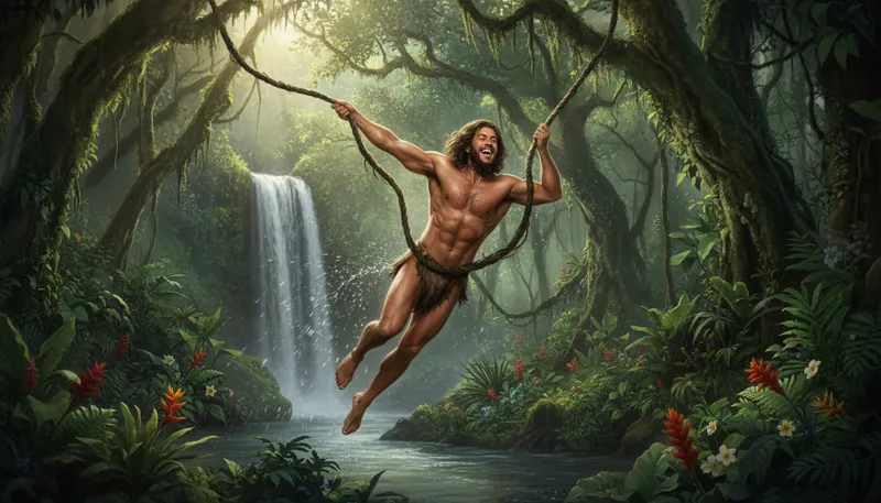 Illustration of tarzan: A fictional character raised by apes in the jungle.
