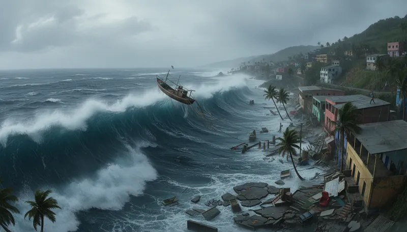 Illustration of tsunami: A large ocean wave caused by underwater disturbance.