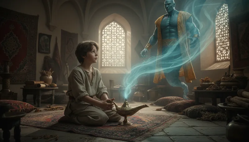 Illustration of genie: A magical being granting wishes.