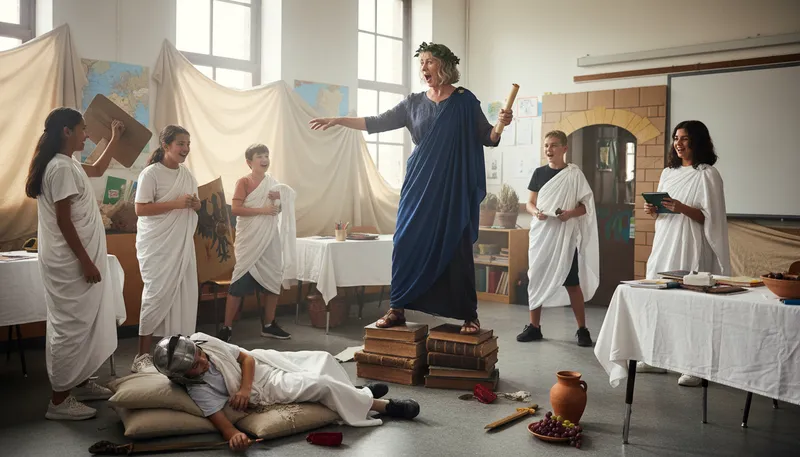 Illustration of dramatize: to present a story in a dramatic way.