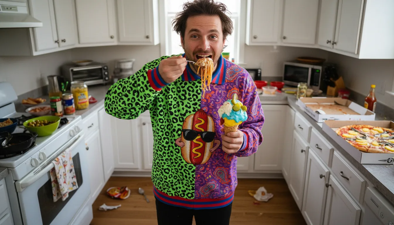 Illustration von all one's taste is in one's mouth: having very bad style or fashion sense