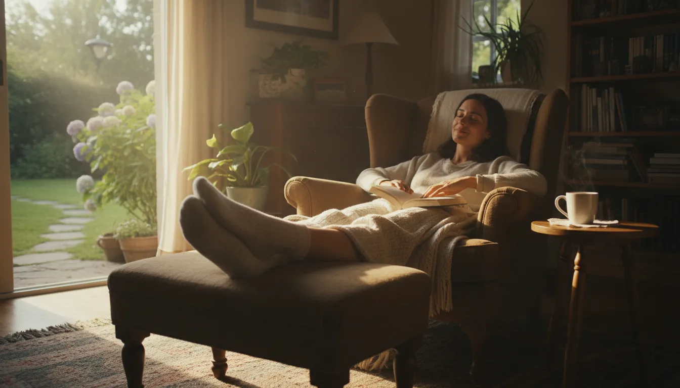 Illustration de put one's feet up : to relax and rest comfortably.