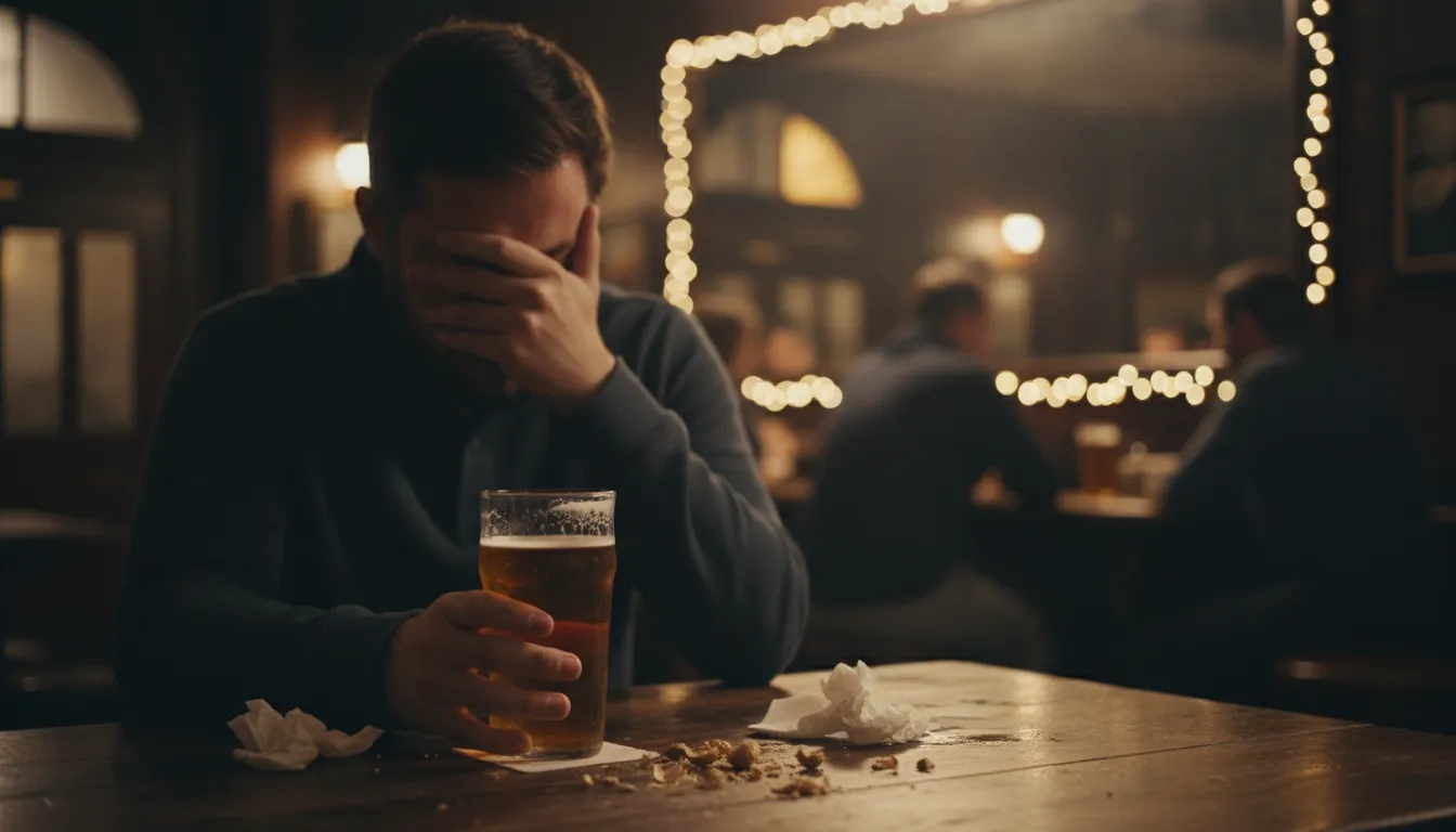 cry in one's beer का चित्र: Feel sad while drinking alcohol alone.
