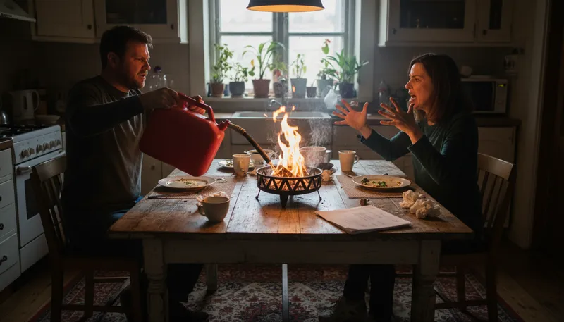 Illustration of pour gasoline on the fire: make a situation worse