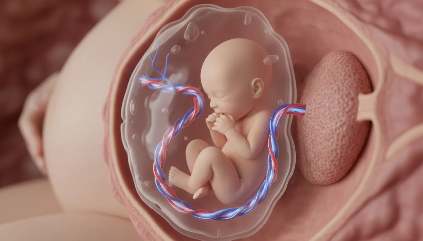 Illustration of umbilical cord: The tube that connects a baby to its mother before birth.