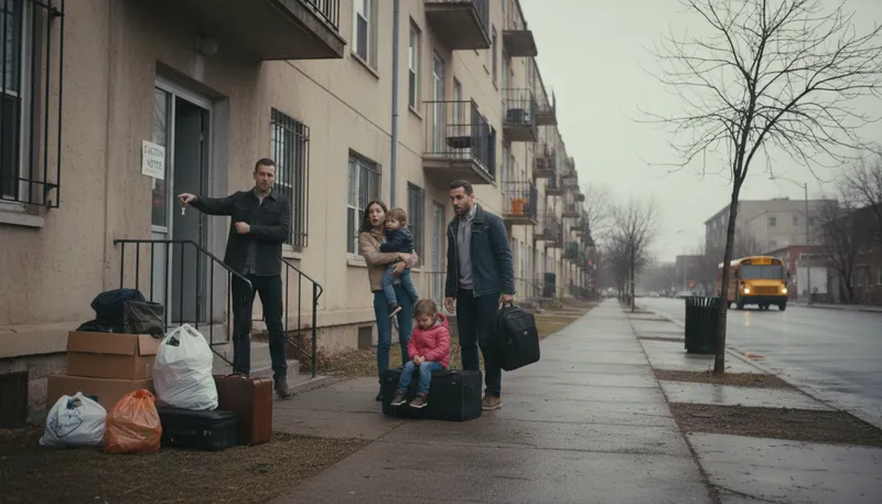 Illustration of eviction: Forced removal from a rented place.