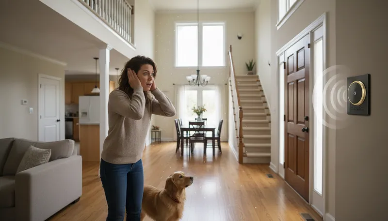 Illustration of doorbell: a bell located at a door