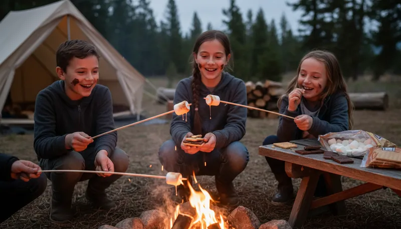 Illustration of s'mores: A campfire treat of chocolate and marshmallows.