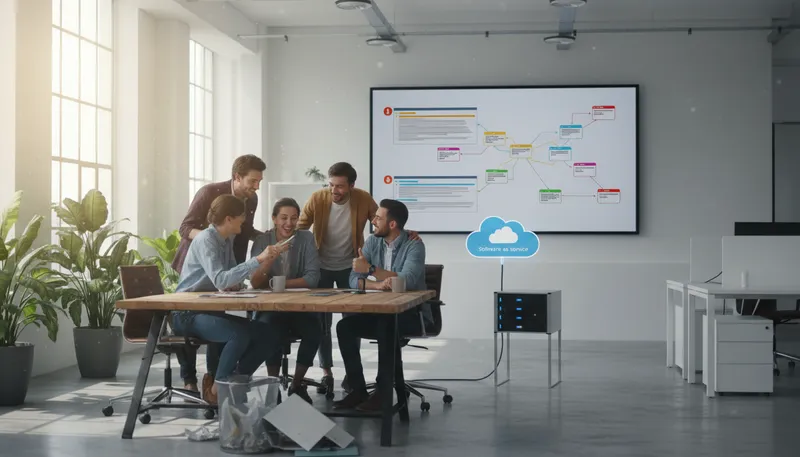 Illustration of saas: Software delivered via the internet.