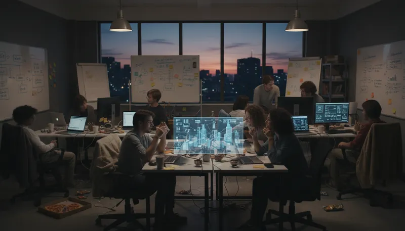 Illustration of hackathon: An event for collaborative computer programming.