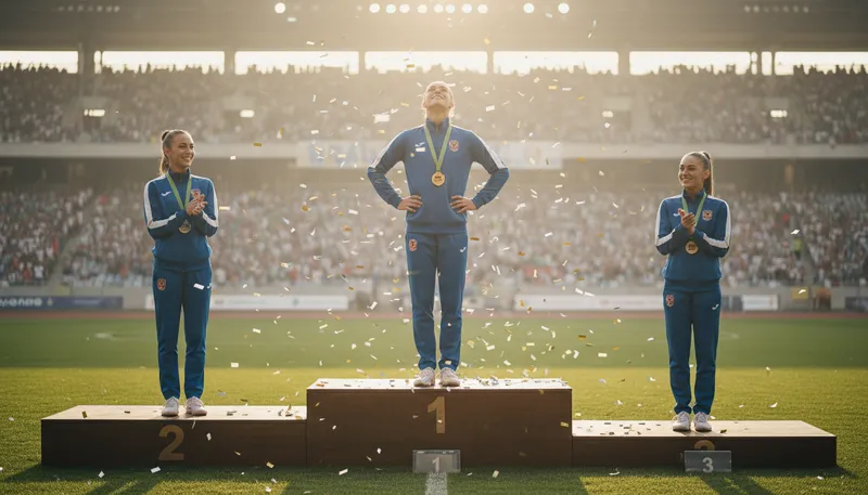 Illustration of medalist: A person awarded a medal for achievement.