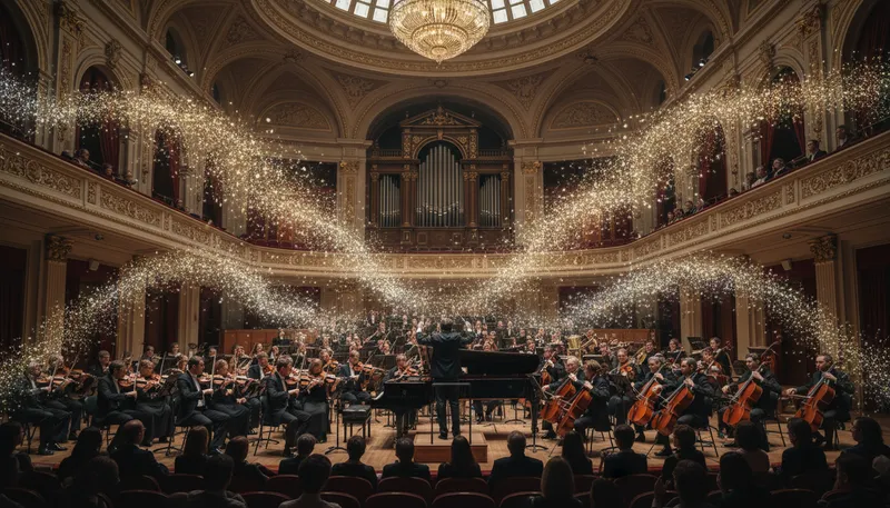 Illustration of symphonic: Relating to a symphony or orchestral music.