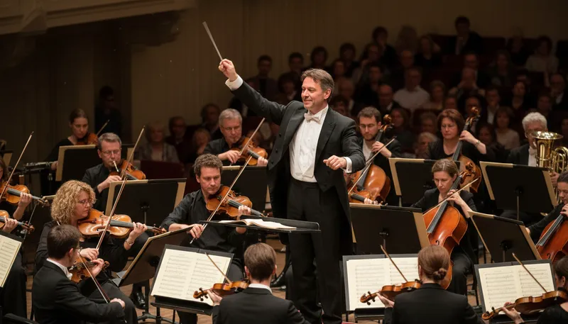 Illustration of conductor: A person who directs an orchestra or group.