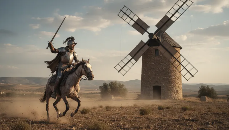 Illustration of quixote: Refers to Don Quixote, a fictional romantic hero.