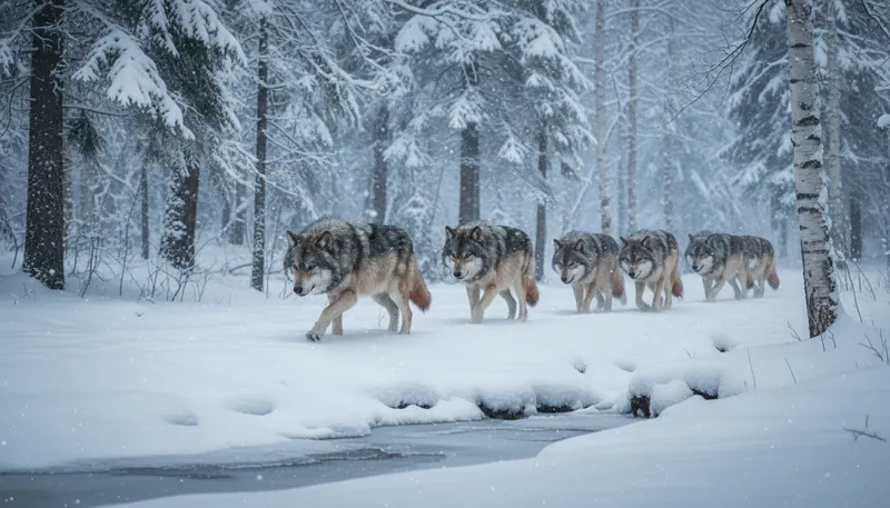 Illustration of wolfpack: A group of wolves hunting together.