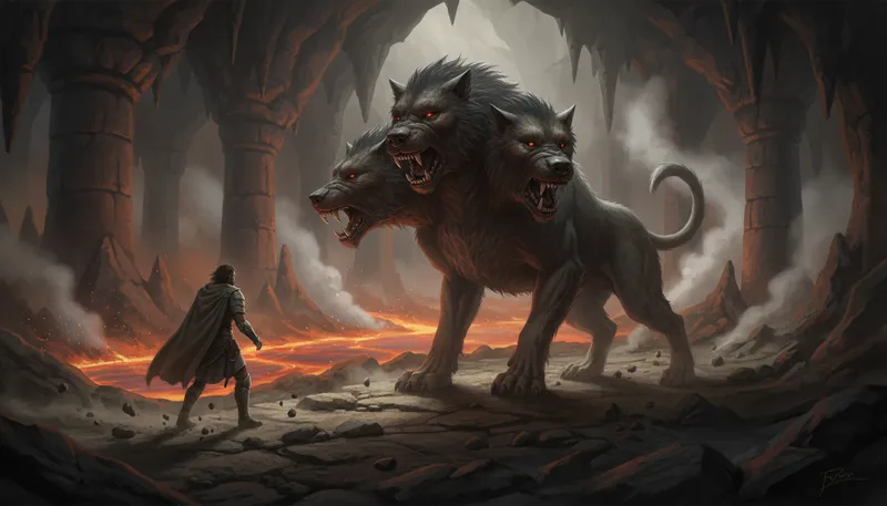 Illustration of cerberus: Mythical three-headed dog guarding the underworld.